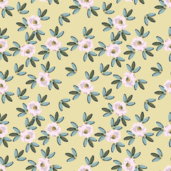 Seamless floral pattern, pretty liberty ditsy print, abstract ornament in a romantic retro motif. Cute botanical design: small hand drawn flowers, leaves, simple bouquets on white. Vector illustration