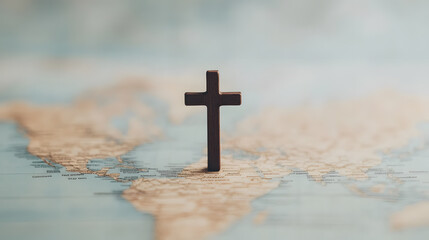 A wooden cross stands prominently on a faded map of the world, symbolizing faith, hope, and connection across continents. A powerful reminder of unity.