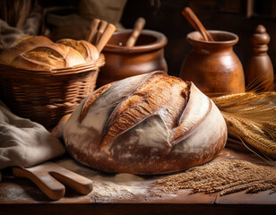 Bread-making tools laid out on an old baker's table, emphasizing the art of crafting bread