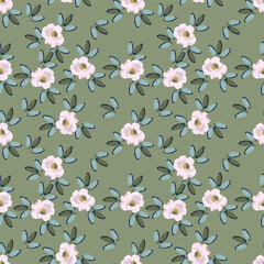 Seamless floral pattern, pretty liberty ditsy print, abstract ornament in a romantic retro motif. Cute botanical design: small hand drawn flowers, leaves, simple bouquets on white. Vector illustration