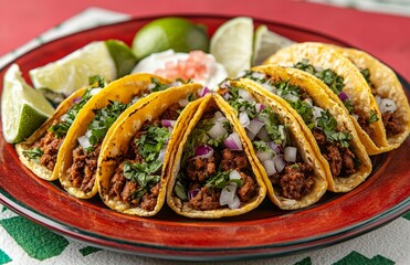 Tacos on a Plate with Ingredients and Mexican Party Elements, Red Background