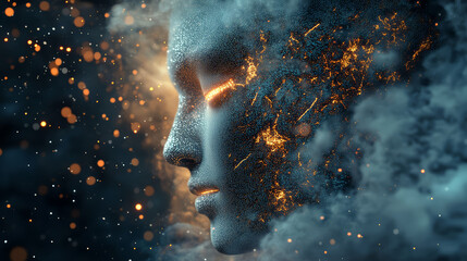 A Surreal Human Face Emerging From A Swirling Cloud Of Data