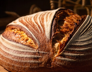 Close-up of a traditional sourdough bread with a perfect ear and crusty bloom, emphasized by natural side lighting