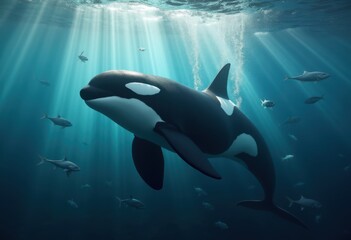 captivating underwater shot capturing orca fins breaking through surface water stunning detail, whale, marine, ocean, aquatic, wildlife, splash, blue