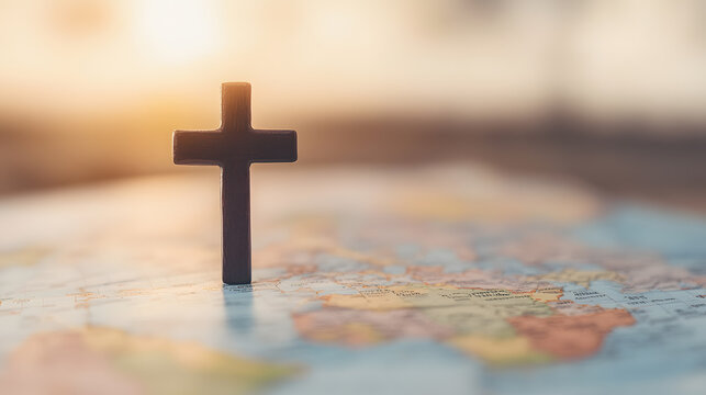 Global faith: A symbol of belief resting upon a world map, bathed in soft, hopeful light. A reminder of universal hope and connection.