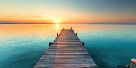 Fototapeta premium Scenic sunrise over tranquil lake with wooden pier extending into still waters, vibrant colors reflecting in the calm surface, nature's serene beauty