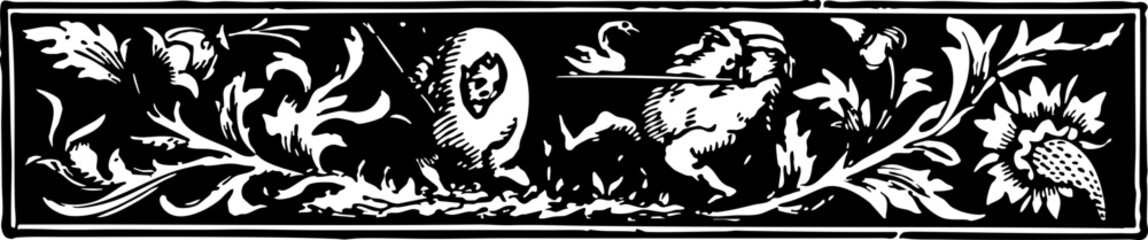 Intricate 19th Century Decorative Border Featuring Flora and Fauna Elements in Black and White