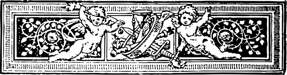 Intricate 19th Century Floral Motif with Cherubs and Scrollwork in Black and White