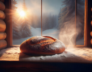A serene winter scene with a hot loaf of bread emanating steam near a frosty window in a cozy cabin