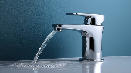 Modern chrome faucet dispensing water in a bathroom