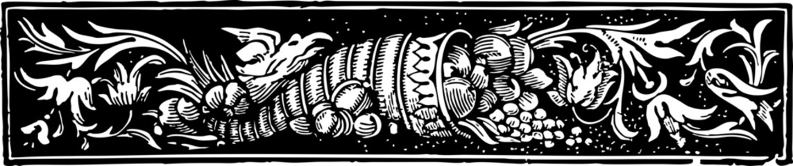 Elaborate 19th Century Ornamental Border Featuring Fruit and Floral Motifs in Black and White Style for Book Decoration