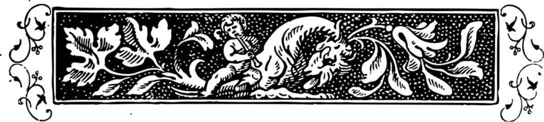 19th Century Decorative Illustration Featuring a Figure and a Lion Among Flourishes