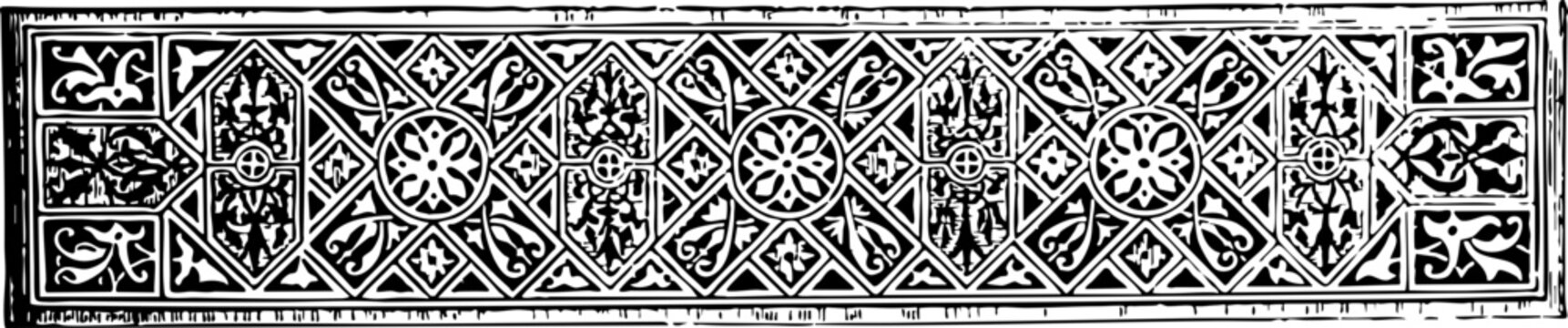 Intricate 19th Century Decorative Textile Design: Features geometric patterns in black and white, ideal for historical art references.