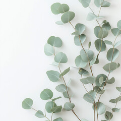 Minimalist close-up of eucalyptus leaves on white, perfect for botanical vibes.