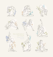 Nine line-art yoga asanas with minimalistic design, each pose detailed with soft tones and floral accents, connection between body, mind and nature, illustrations of young women on beige background