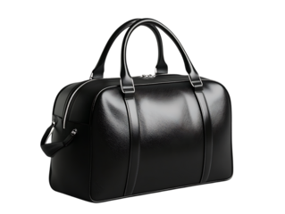 Black leather travel bag isolated on black background