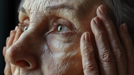 Close ups of wrinkles and skin imperfection on the face of a senior woman. Portrait of beautiful senior woman touching her perfect skin after a beauty treatment. Aging process concept.