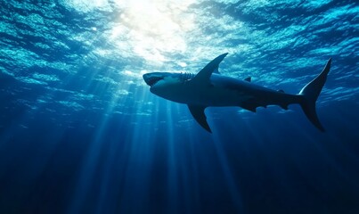 Fototapeta premium Great White Shark in Deep Ocean Sunlight