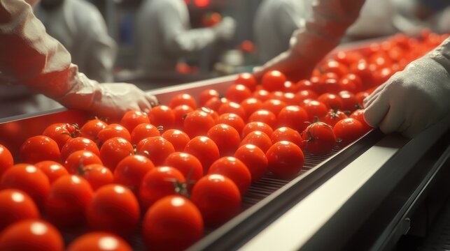 Worker packing ripe red vine tomatoes on production line in a food processing plant