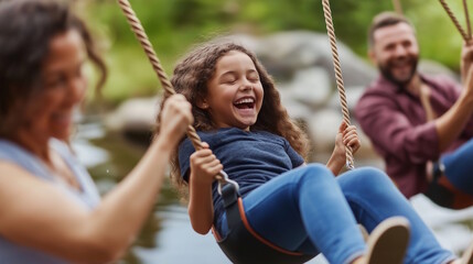 Obraz premium Joyful family swinging by the creek, creating happy outdoor memories together in nature, smiling and playing by water