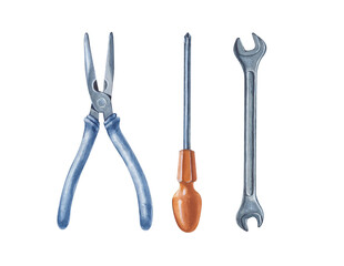 A set of hand-drawn iron men's tools. Watercolor illustration. Pliers, screwdriver and wrench on a white background. Repair service, men's hobby, home renovation.