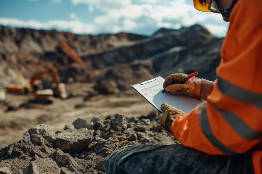 A construction miner supervisor wearing safety gloves signs a working-at-height permit at an open field job site before starting high-risk work on a mining construction site.