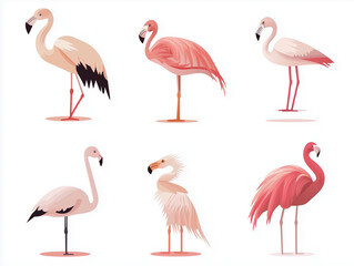 Obraz premium Icônes de flamands roses en flat design sur fond blanc