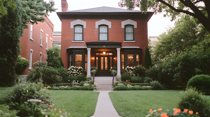 Elegant brick home with lush landscaping and black trim, exuding classic charm and curb appeal. Inviting pathway leads to the front entrance.