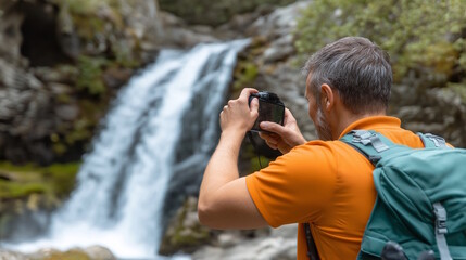 Adventurous male trekker capturing hidden waterfall on camera in lush forest, embracing nature, adventure and serenity
