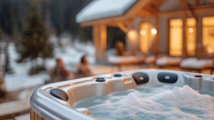 Luxurious mountain cabin with outdoor jacuzzi for relaxation and scenic winter getaway, emphasizing comfort and opulence in a serene setting