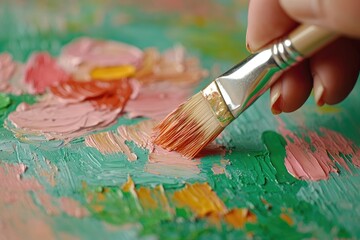 Fototapeta premium Close-up of Paintbrush Applying Thick Acrylic Strokes on Colorful Canvas