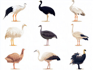 Obraz premium Icônes d'autruches en flat design sur fond blanc