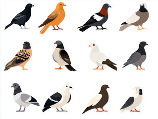 Naklejka premium Icônes de pigeons en flat design sur fond blanc