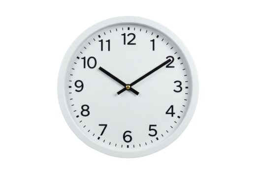 A modern minimalist white wall clock isolated on transparent background