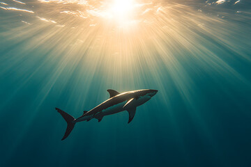 Fototapeta premium Majestic shark swims serenely through sunlit ocean waters. Powerful predator in its natural habitat, a captivating underwater scene.