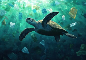 Fototapeta premium Sea turtle swimming through plastic pollution in ocean, highlighting environmental concerns, marine life, and the impact of human waste on underwater ecosystems
