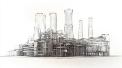 A wireframe illustration of a power plant with cooling towers and industrial structures.