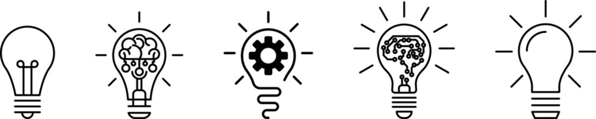 Innovation symbol icon set. Light bulb and cog, brain inside. Light Bulb line icon vector, isolated on white background. Idea sign. Inspiration icon vector illustration.