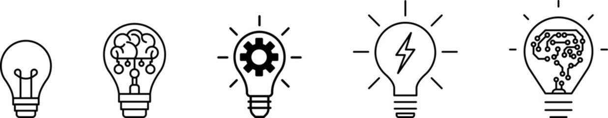 Innovation symbol icon set. Light bulb and cog, brain inside. Light Bulb line icon vector, isolated on white background. Idea sign. Inspiration icon vector illustration.