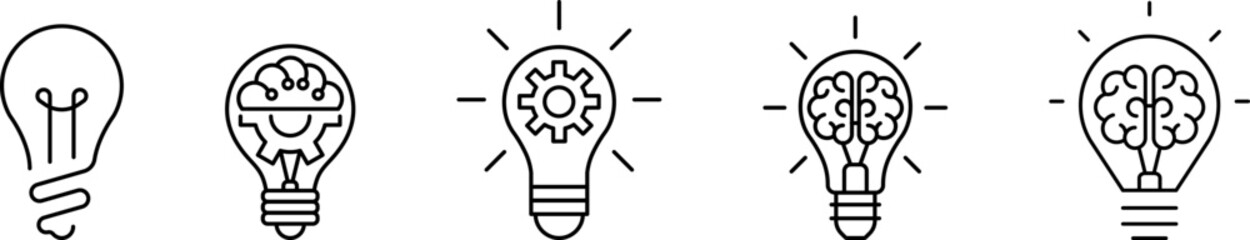Innovation symbol icon set. Light bulb and cog, brain inside. Light Bulb line icon vector, isolated on white background. Idea sign. Inspiration icon vector illustration.