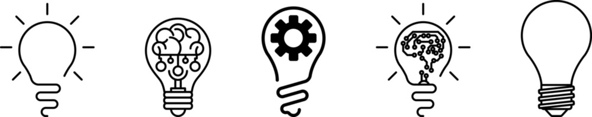 Innovation symbol icon set. Light bulb and cog, brain inside. Light Bulb line icon vector, isolated on white background. Idea sign. Inspiration icon vector illustration.