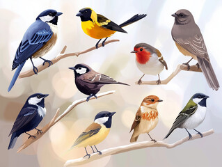 Fototapeta premium Icônes d'oiseaux en flat design sur fond blanc