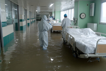 Fototapeta na wymiar Hospital flooding: Medical staff in protective gear navigate a flooded hospital ward, beds submerged, illustrating the impact of extreme weather events.