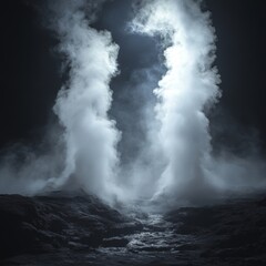 Obraz premium Mystical Geothermal Landscape: Dramatic Steam, Smoke, and Shadows in Nature's Ethereal Twilight