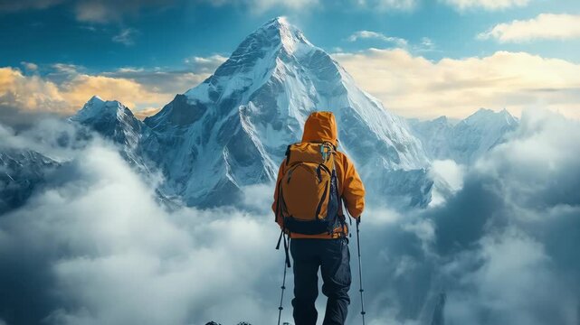 Active hiker hiking, enjoying the view at mount landscape 