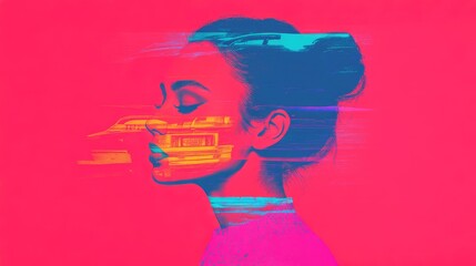 Abstract Art Portrait of a Woman with Digital Glitch Effect and Vibrant Colors