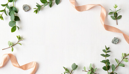 Elegant bridal shower invitation mockup with eucalyptus and ribbon, minimalism