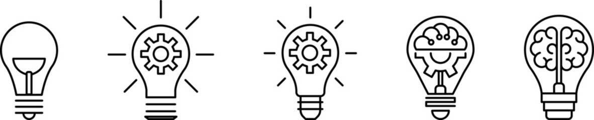 Innovation symbol icon set. Light bulb and cog, brain inside. Light Bulb line icon vector, isolated on white background. Idea sign. Inspiration icon vector illustration.