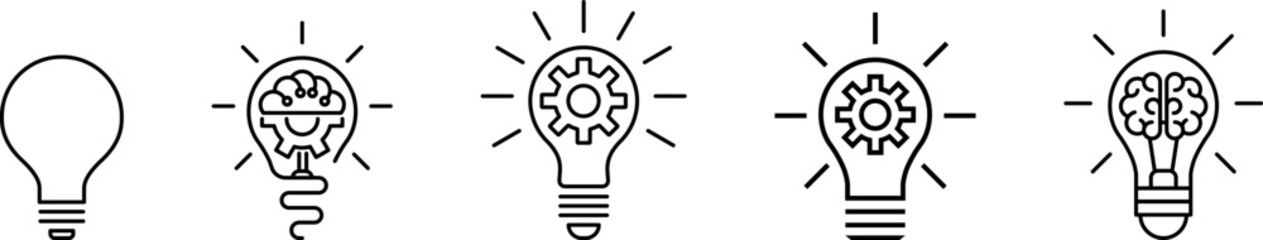 Innovation symbol icon set. Light bulb and cog, brain inside. Light Bulb line icon vector, isolated on white background. Idea sign. Inspiration icon vector illustration.