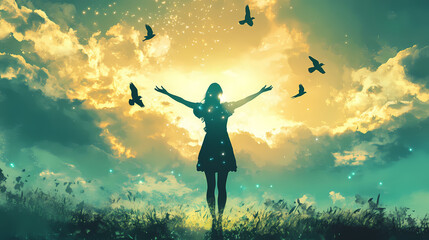 Illustration of a woman reaching for the stars glowing in a bright sky. Freedom - Birds. Illustration